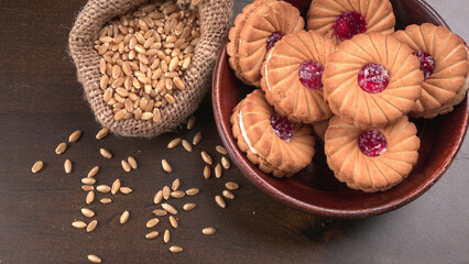 Top view of Sweet jam biscuits. Sandwich biscuits or Cream biscuits isolated.