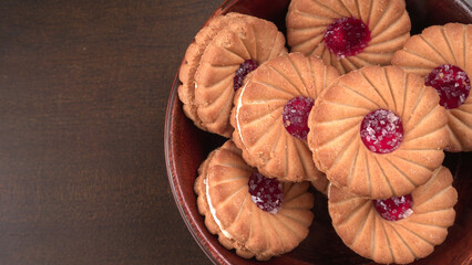 Top view of Sweet jam biscuits. Sandwich biscuits or Cream biscuits isolated.