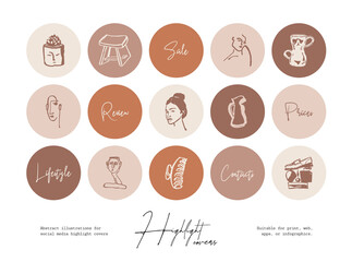 Set of hand drawn line art cosmetics and beauty illustrations for social media highlight covers