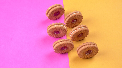 Top view of Sweet jam biscuits. Sandwich biscuits or Cream biscuits isolated.