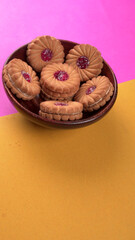 Top view of Sweet jam biscuits. Sandwich biscuits or Cream biscuits isolated.