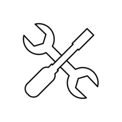 Crossed screwdriver and wrench. Simple outline black and white vector icon with thin lines. Editable line thickness