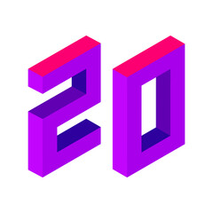 Purple number 20 in isometric style. Isolated on white background. Learning numbers, serial number, price, place.