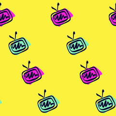 TV set vector pattern. Lined cartoon style TV. Television. Blue, pink screen. Vintage funky design. Simple cartoon style illustration. Old fashioned. Yellow background.