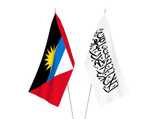 National fabric flags of Antigua and Barbuda and Taliban isolated on white background. 3d rendering illustration.