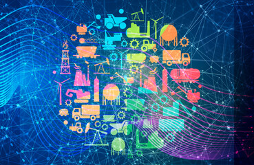 Gradient circle with industrial thin line icons.