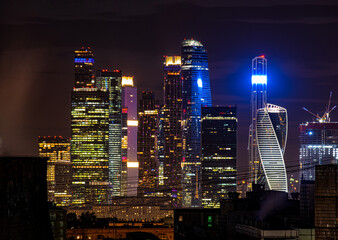 Night city. Modern night city. Urbanism. Industry. Lights of the night city. City of the future. Moscow.