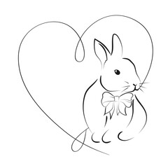 Elegant outline heart with rabbit. Vector illustration card.