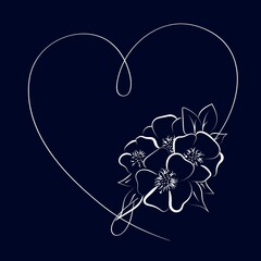 Elegant outline heart with flowers. Vector illustration card.