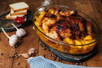 Fried chicken with potatoes is served in a dish with sauces on a wooden table.