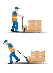 A set of vector images of moving manual hydraulic pallet truck, the worker moves the load. Storage equipment. Vector illustration.