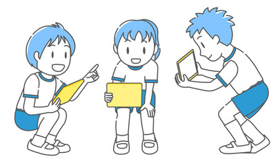 タブレットを使った学習で、3人で話し合う子供たち