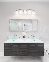 A beautiful bathroom with a dark wood vanity with white granite countertop, crystal glass vessel...