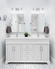 An elegant bathroom with a white vanity cabinet, chrome lights mounted above the double mirrors,...