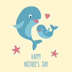 Happy Mother's Day. Template greeting card with cute whales. 