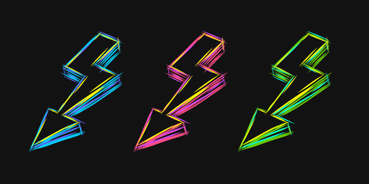 Lightning bolt neon line sketck illustration set in different colors