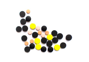 Pills. Multi-colored pills on an isolated white background. Healthcare and medicine.	
