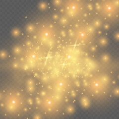 The dust sparks and golden stars shine with special light. Vector sparkles on a transparent background. Christmas light effect. Sparkling magical dust particles.