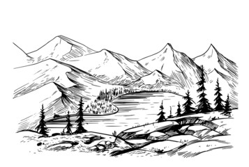 Vector landscape with mountains, lake, trees. Hand drawn sketch illustration
