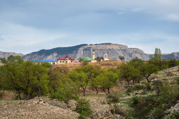 Fototapeta na wymiar Mosque in spring in an authentic mountain village. Mosque in the center of town. Landscape and countryside of cityscape in Salta. Dagestan.