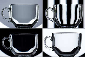 transparent glass mug on black and white background