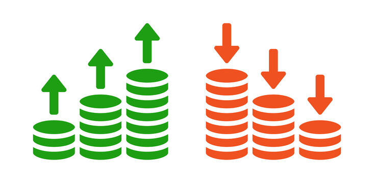 Money coin stack with arrow up and down icon. Profit and loss symbol. Economy concept