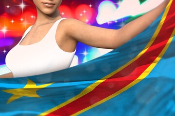 beautiful lady holds Democratic Republic of Congo flag in front on the party lights - flag concept 3d illustration
