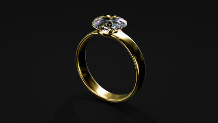 cute glowing gold wedding ring with gem on black, isolated - object 3D illustration