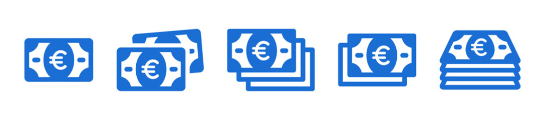 Euro money banknote icon set. Euro currency payment symbol isolated on white background.