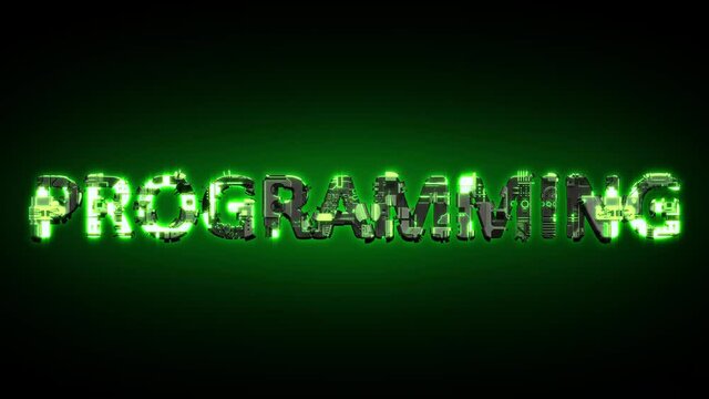 Programming shining dark green cyber text on black, isolated - loop video