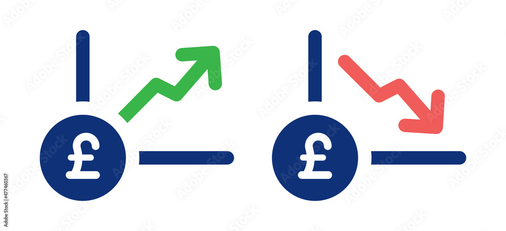 Poster pound currency chart icon vector illustration. decrease and increase graph symbol.