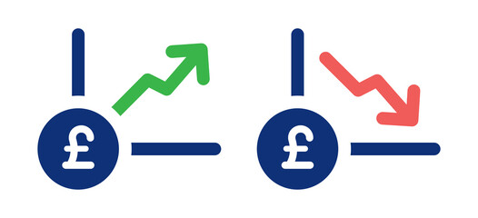 Pound currency chart icon vector illustration. Decrease and increase graph symbol.