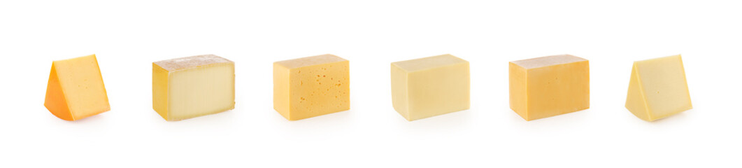 assortment of cheeses on white background. site header