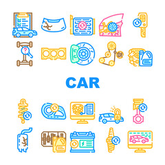 Car Service Technical Maintenance Icons Set Vector. Car Service Worker With Equipment For Repair And Computer Diagnostic Digital Analyzing, Changing Oil In Gearbox And Engine Line. Color Illustrations