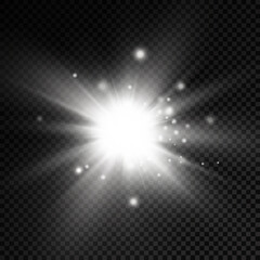 White glowing light star, burst sun rays.