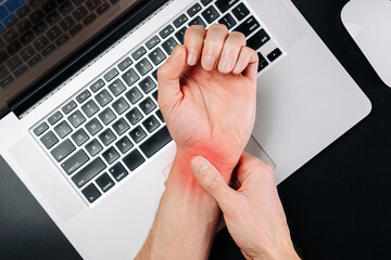 Man carpal tunnel. Arthritis office syndrome is consequence of computer. Hand pain in man injury...