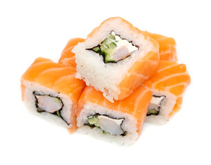 Sushi with salmon and cucumber on a white plate.