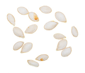 Close-up of pumpkin seeds on a white background. Macro