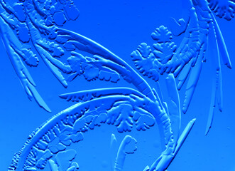 Drawings of ice on blue glass.