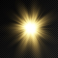 Glow bright light star, yellow sun rays.