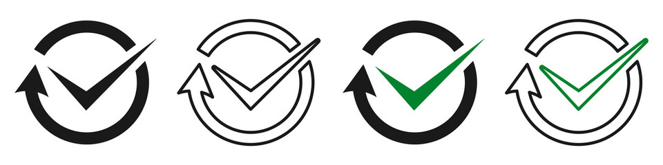 Set of continuous convenience icons. Easy effectiveness symbol. Tick mark inside arrow. ?ircular arrow sign with checkmark, check or testing. Vector illustration.