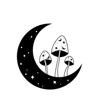 Monochrome boho moon and magic mushrooms. Mystical vector illustration isolated on white background. Hand drawn art with crescent moon. Clipart for astrology logo, t-shirt print, tattoo concept.