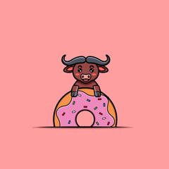 Vector Illustration Mascot cartoon character of Cute Buffalo With Big Donuts. Donuts Theme. Suitable for Brand, Label, Logo, Sticker, t-shirt Design and other Product.