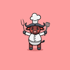 Vector Illustration Mascot cartoon character of Cute Buffalo With Chef Costume. Chef Theme. Suitable for Brand, Label, Logo, Sticker, t-shirt Design and other Product.
