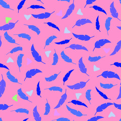 Blue feathers of different shades and small hearts on a pink background, vector pattern for paper, textile, fabric, decor