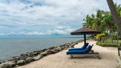 Fototapeta na wymiar Deck chairs in Fiji