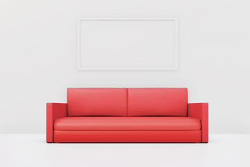 White minimalist living room with red sofa, 3d rendering