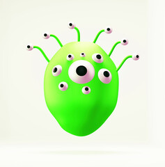 Minimalist green monster with many eyes, 3d illustration