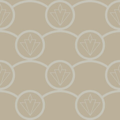 Art Deco stylized diamond shapes and circles vector seamless pattern background. Neutral beige ecru abstract 1920s geometric background with linear scales shapes. Textural repeat for kraft packaging