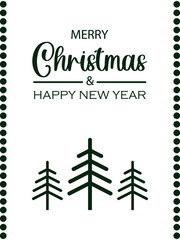 Cute winter illustrations with green Christmas trees isolated on white background. Festive greeting card Happy New Year and Merry Christmas. Vector.